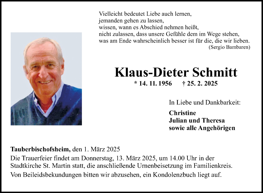  Traueranzeige für Klaus-Dieter Schmitt vom 01.03.2025 aus Fränkische Nachrichten