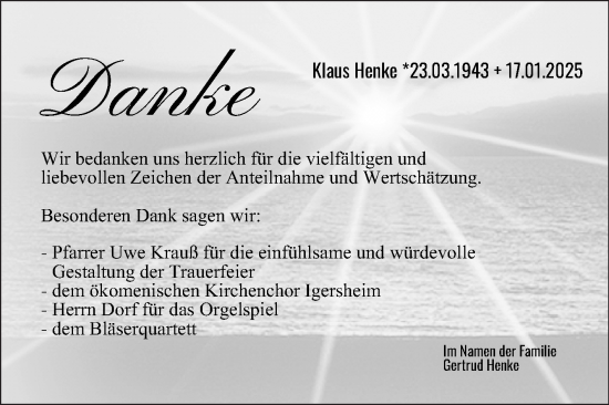 Traueranzeige von Klaus Henke von Fränkische Nachrichten