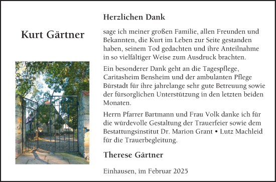 Traueranzeige von Kurt Gärtner von Bergsträßer Anzeiger