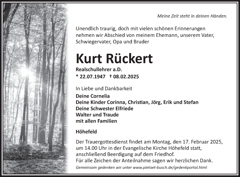  Traueranzeige für Kurt Rückert vom 15.02.2025 aus Fränkische Nachrichten