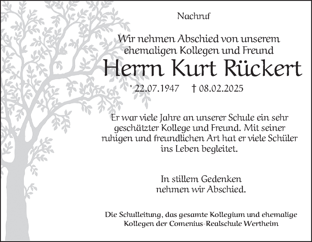  Traueranzeige für Kurt Rückert vom 19.02.2025 aus Fränkische Nachrichten