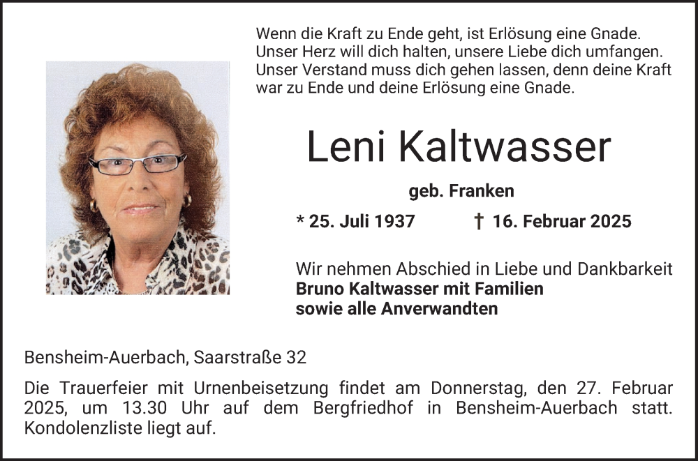  Traueranzeige für Leni Kaltwasser vom 22.02.2025 aus Bergsträßer Anzeiger