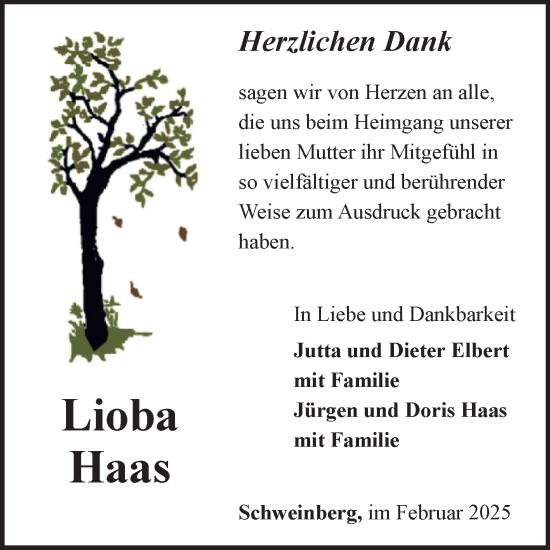 Traueranzeige von Lioba Haas von Fränkische Nachrichten