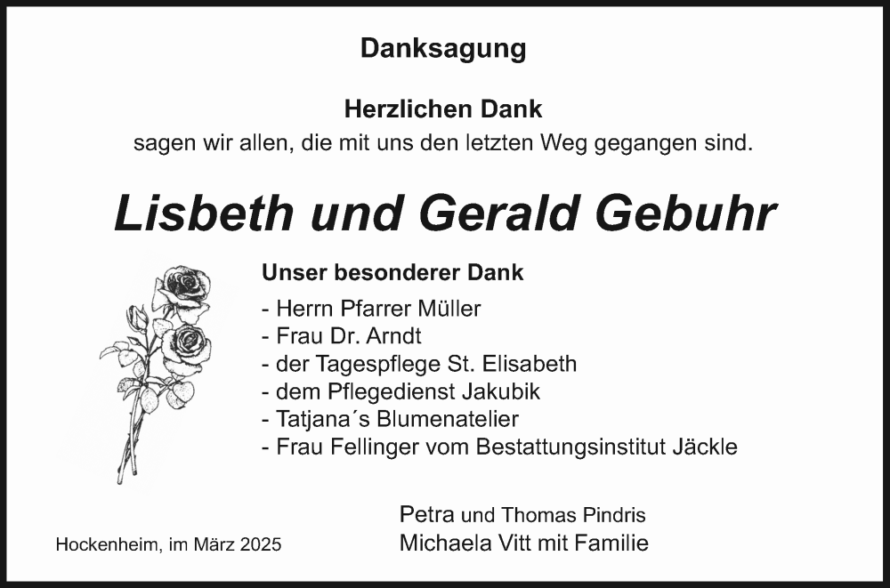  Traueranzeige für Lisbeth Gebuhr vom 01.03.2025 aus Schwetzinger Zeitung
