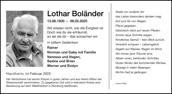 Traueranzeige von Lothar Boländer von Fränkische Nachrichten