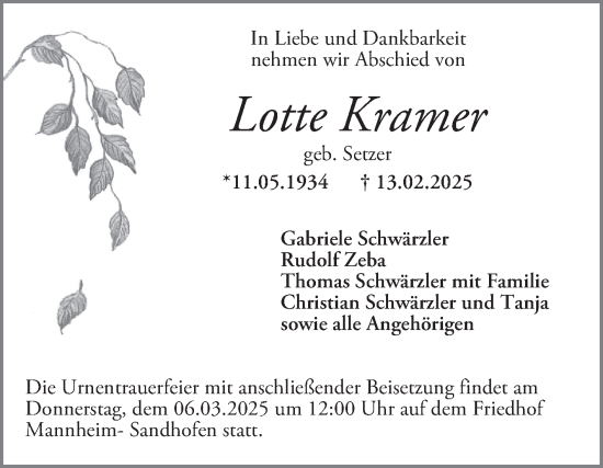 Traueranzeige von Lotte Kramer von Mannheimer Morgen