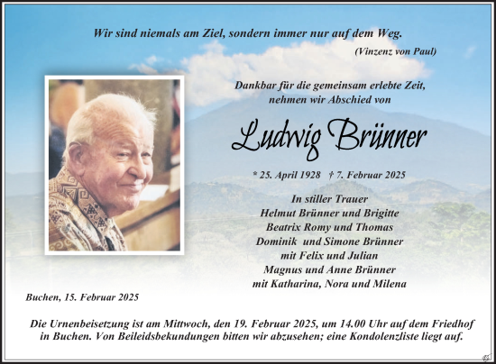 Traueranzeige von Ludwig Brünner von Fränkische Nachrichten