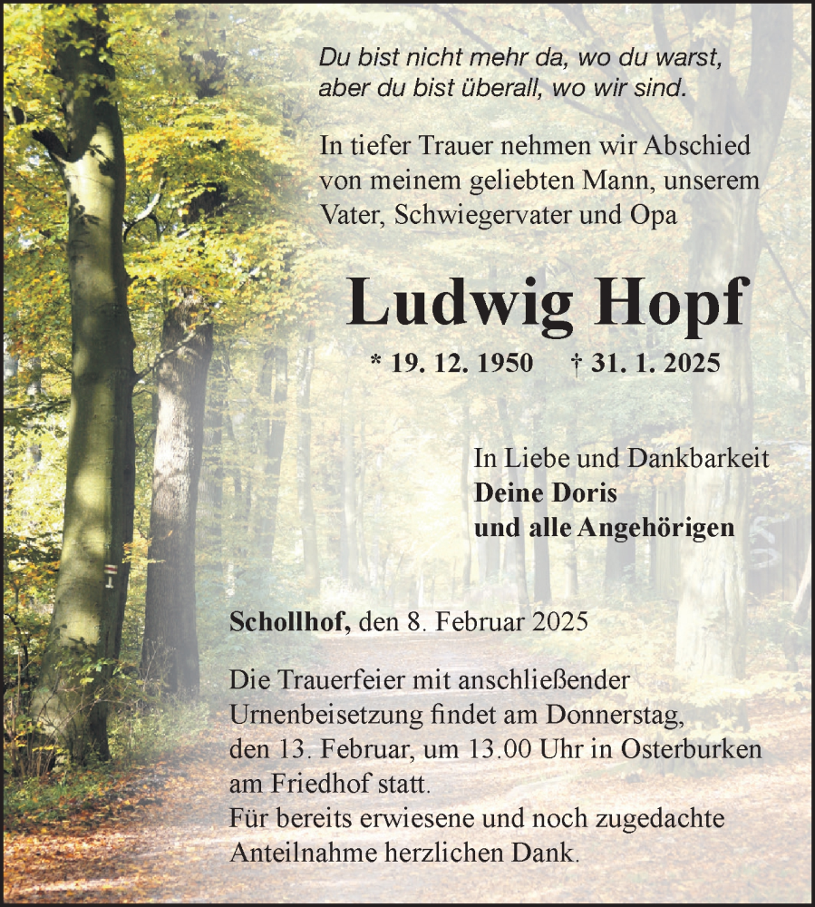  Traueranzeige für Ludwig Hopf vom 08.02.2025 aus Fränkische Nachrichten