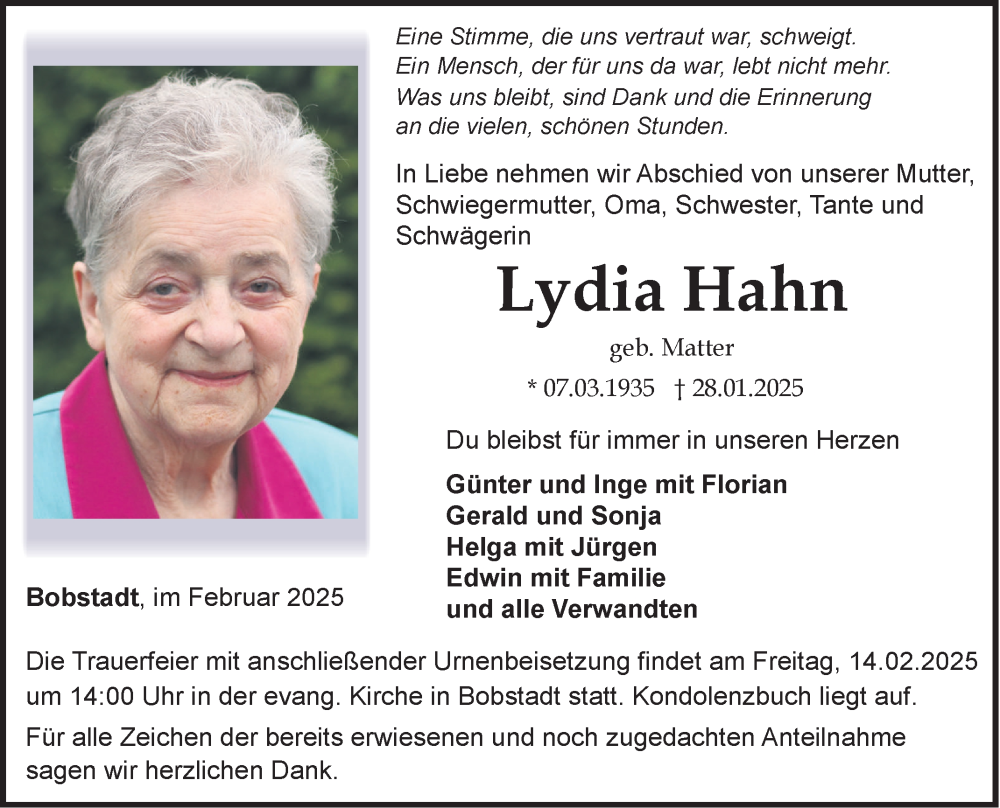  Traueranzeige für Lydia Hahn vom 11.02.2025 aus Fränkische Nachrichten