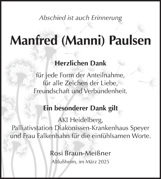 Traueranzeige von Manfred Paulsen von Schwetzinger Zeitung