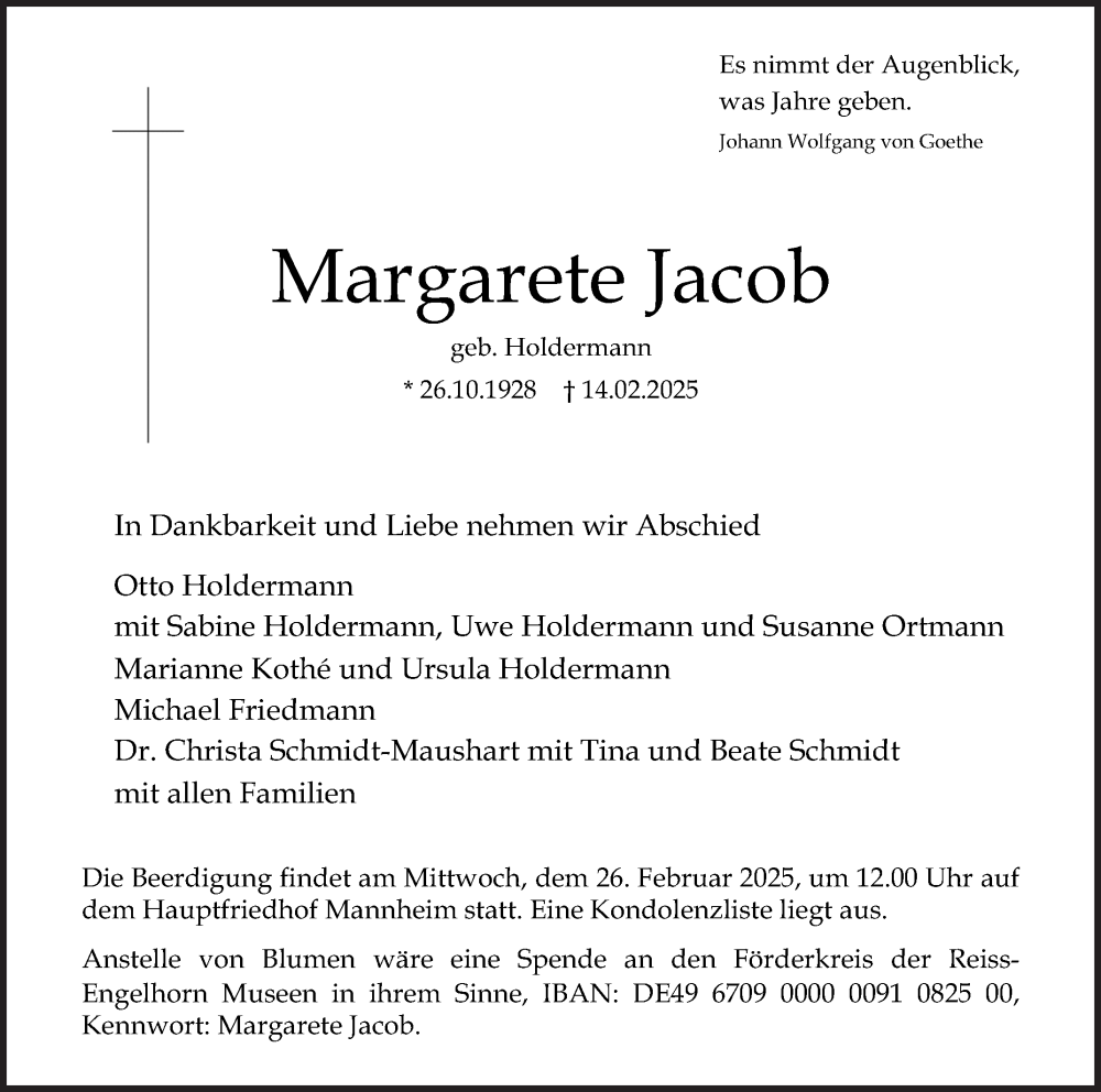  Traueranzeige für Margarete Jacob vom 22.02.2025 aus Mannheimer Morgen