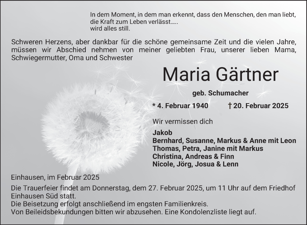  Traueranzeige für Maria Gärtner vom 25.02.2025 aus Bergsträßer Anzeiger