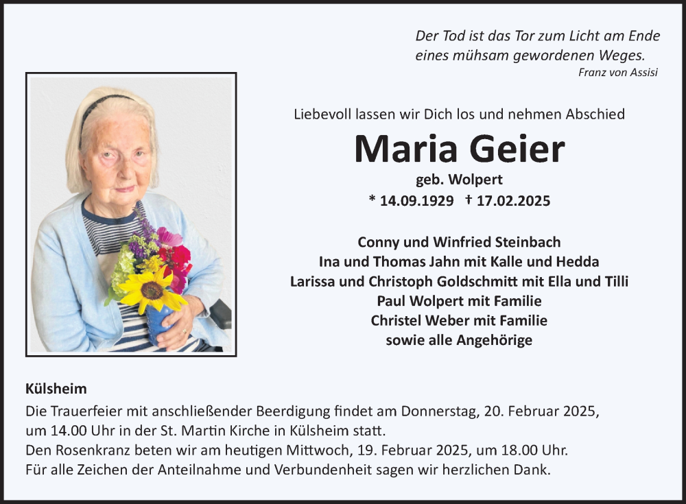  Traueranzeige für Maria Geier vom 19.02.2025 aus Fränkische Nachrichten