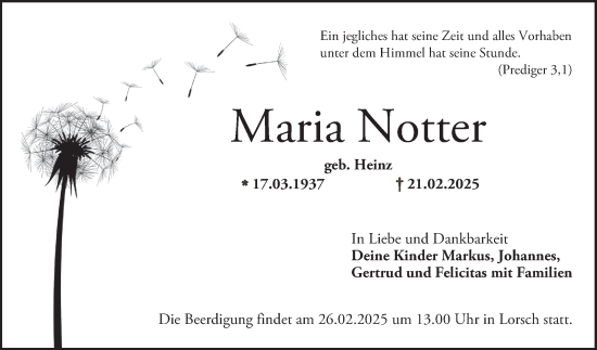 Traueranzeige von Maria Notter von Bergsträßer Anzeiger