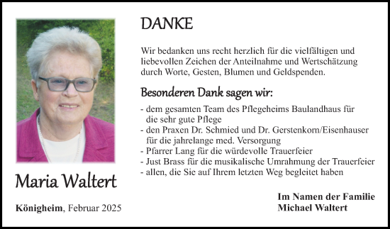 Traueranzeige von Maria Waltert von Fränkische Nachrichten