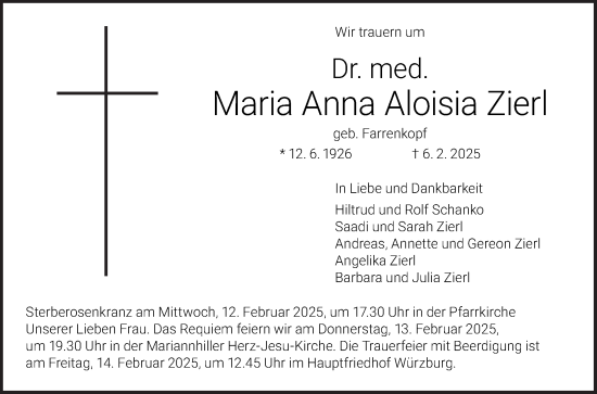 Traueranzeige von Maria Anna Aloisia Zierl von Mannheimer Morgen