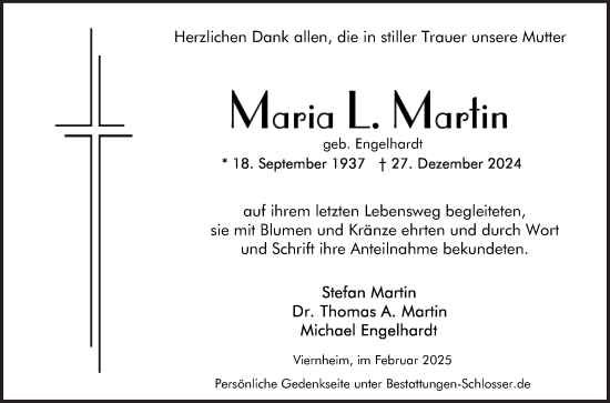 Traueranzeige von Maria L. Martin von Mannheimer Morgen