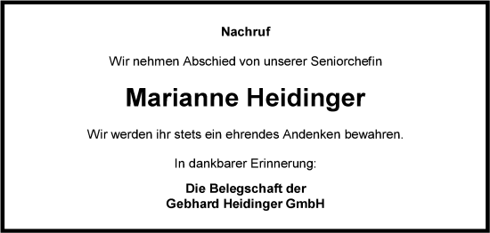 Traueranzeige von Marianne Heidinger von Fränkische Nachrichten