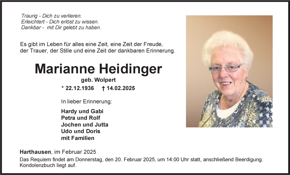  Traueranzeige für Marianne Heidinger vom 18.02.2025 aus Fränkische Nachrichten