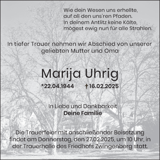 Traueranzeige von Marija Uhrig von Bergsträßer Anzeiger