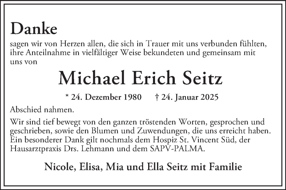  Traueranzeige für Michael Erich Seitz vom 01.03.2025 aus Mannheimer Morgen