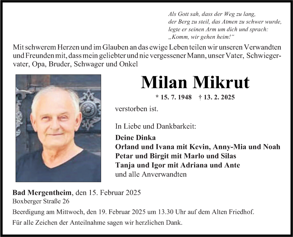  Traueranzeige für Milan Mikrut vom 15.02.2025 aus Fränkische Nachrichten