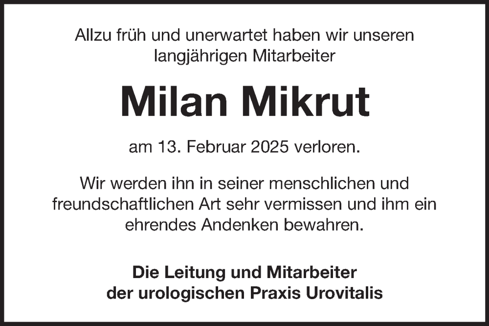  Traueranzeige für Milan Mikrut vom 17.02.2025 aus Fränkische Nachrichten