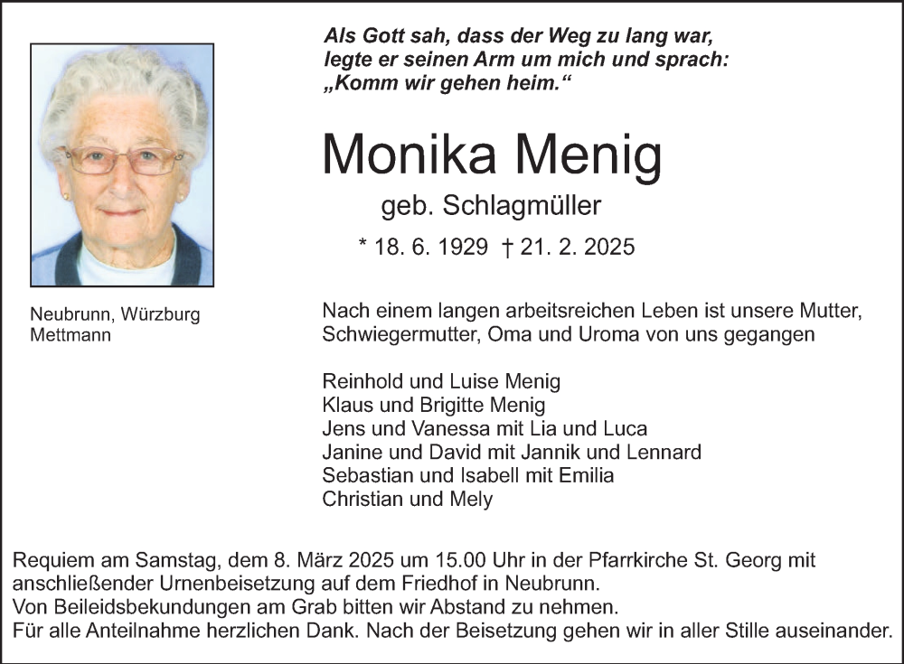 Traueranzeige für Monika Menig vom 01.03.2025 aus Fränkische Nachrichten