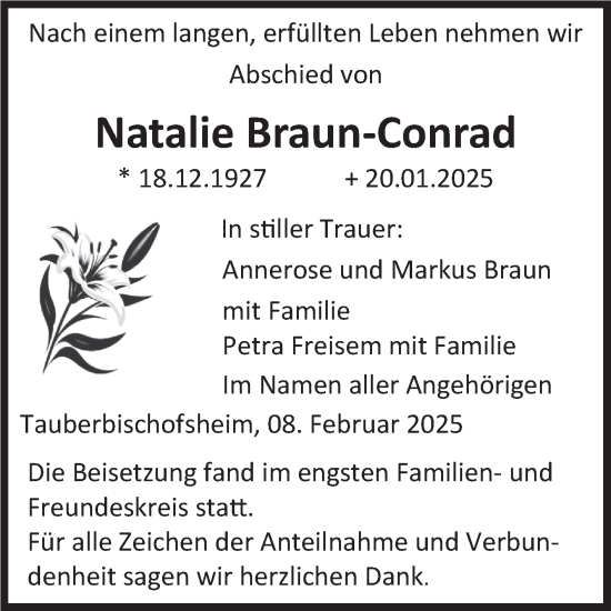 Traueranzeige von Natalie Braun-Conrad von Fränkische Nachrichten