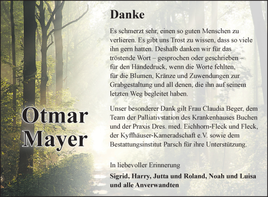 Traueranzeige von Otmar Mayer von Fränkische Nachrichten
