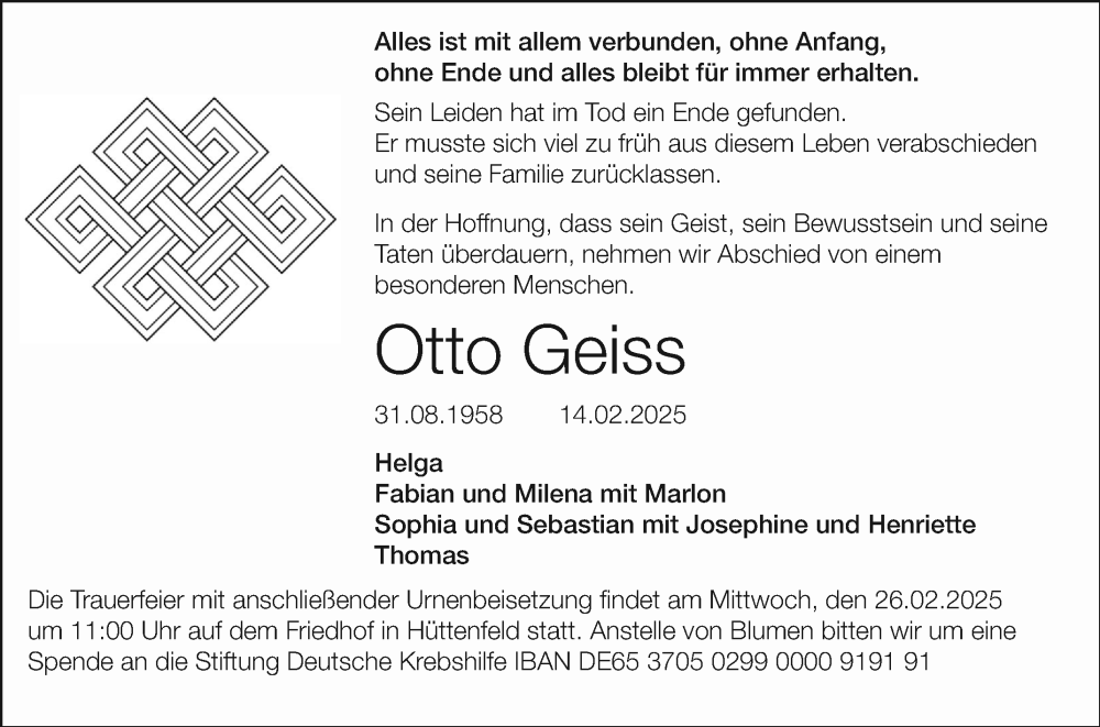  Traueranzeige für Otto Geiss vom 22.02.2025 aus Mannheimer Morgen