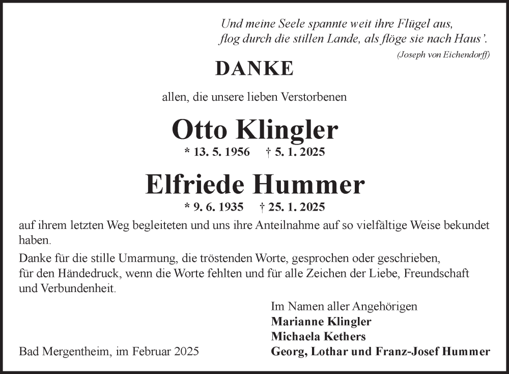  Traueranzeige für Otto Klingler vom 22.02.2025 aus Fränkische Nachrichten