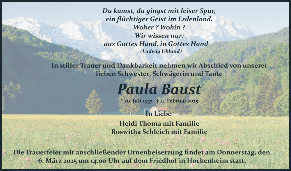  Traueranzeige für Paula Baust vom 01.03.2025 aus Schwetzinger Zeitung