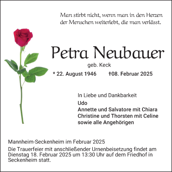 Traueranzeige von Petra Neubauer von Mannheimer Morgen