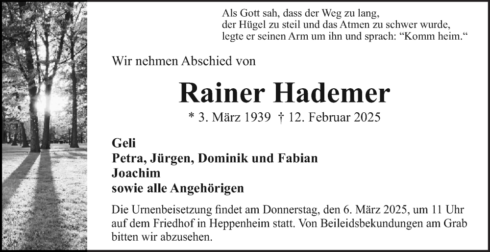  Traueranzeige für Rainer Hademer vom 01.03.2025 aus Bergsträßer Anzeiger