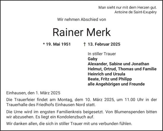 Traueranzeige von Rainer Merk von Bergsträßer Anzeiger