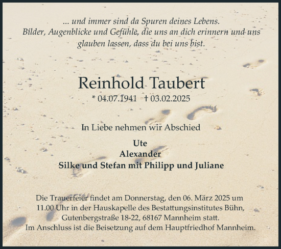 Traueranzeige von Reinhold Taubert von Mannheimer Morgen