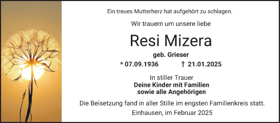 Traueranzeige von Resi Mizera von Bergsträßer Anzeiger
