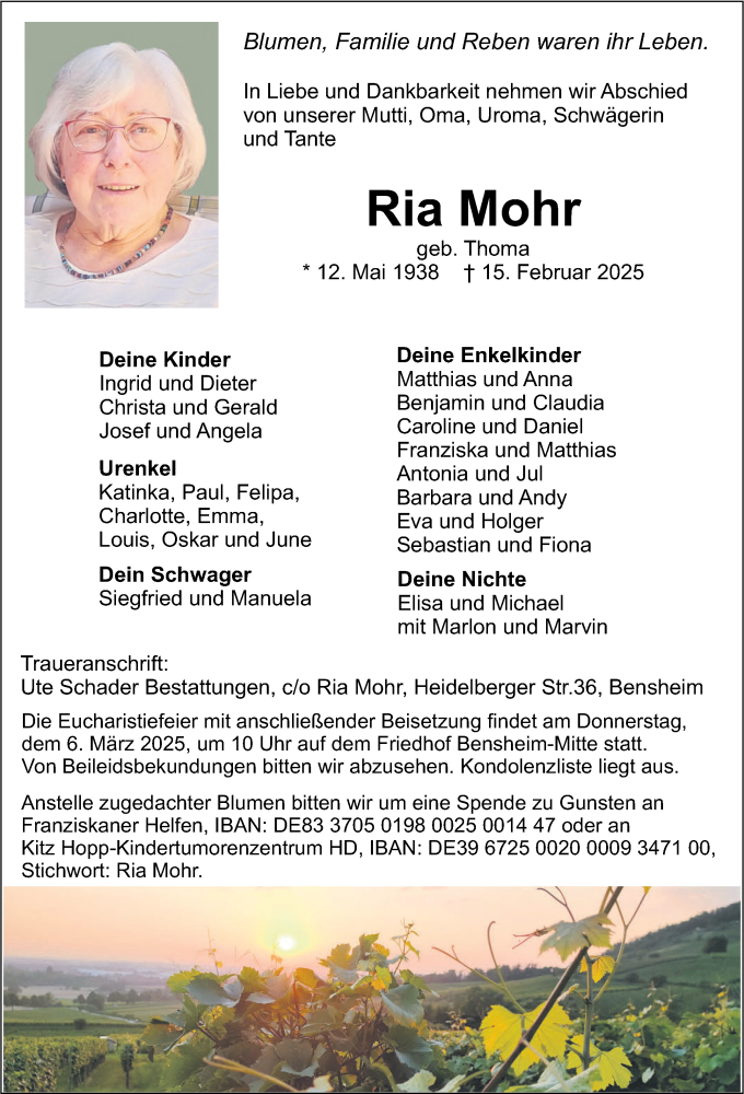  Traueranzeige für Ria Mohr vom 01.03.2025 aus Bergsträßer Anzeiger