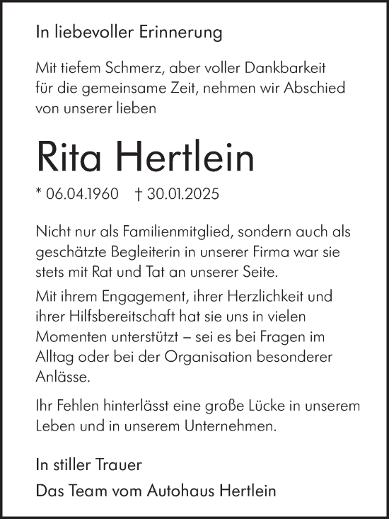 Traueranzeige von Rita Hertlein von Fränkische Nachrichten
