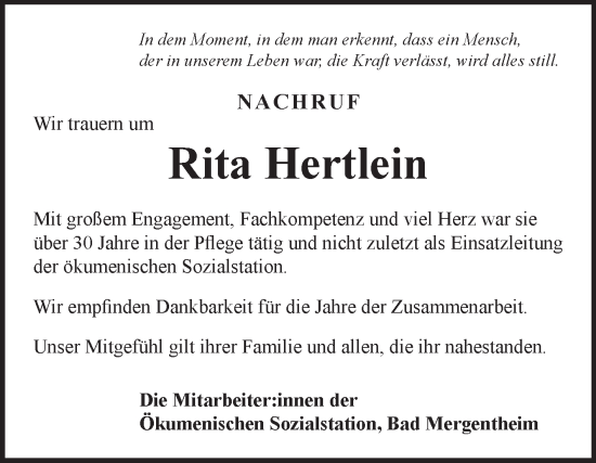 Traueranzeige von Rita Hertlein von Fränkische Nachrichten