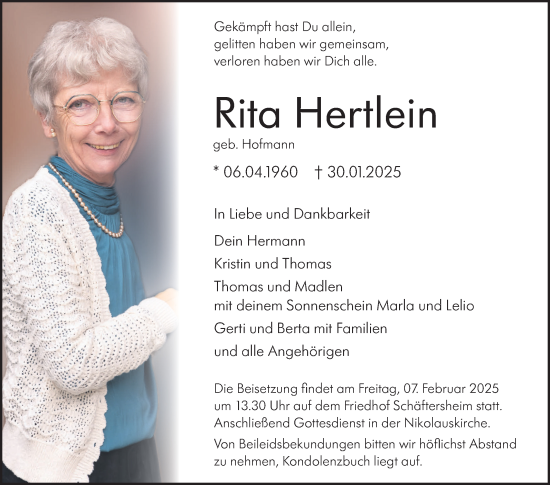 Traueranzeige von Rita Hertlein von Fränkische Nachrichten