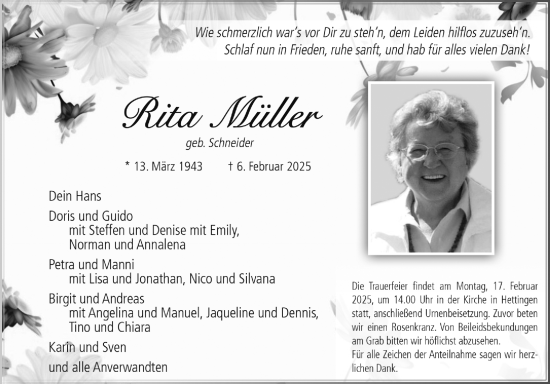 Traueranzeige von Rita Müller von Fränkische Nachrichten