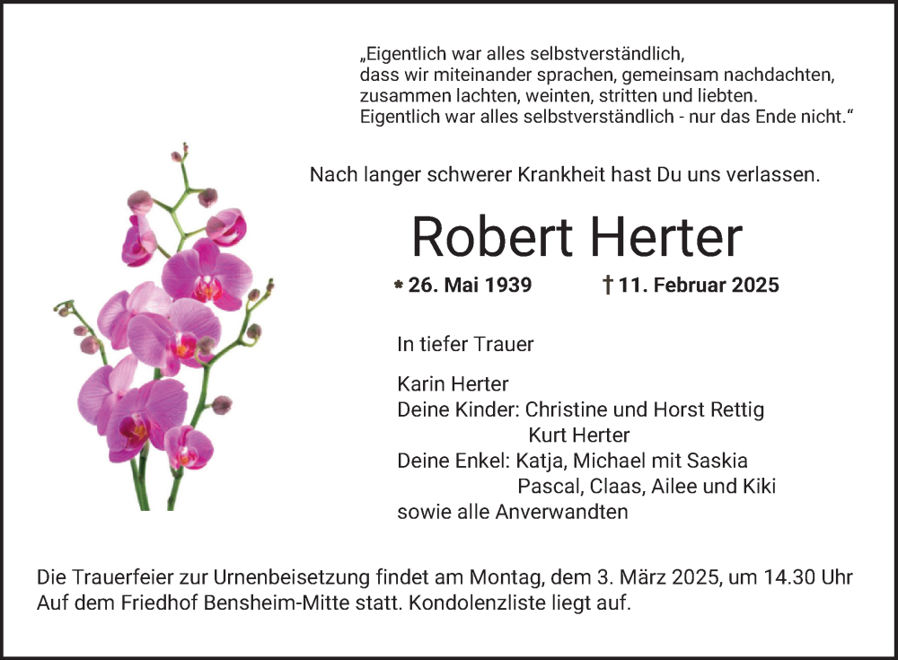  Traueranzeige für Robert Herter vom 01.03.2025 aus Bergsträßer Anzeiger