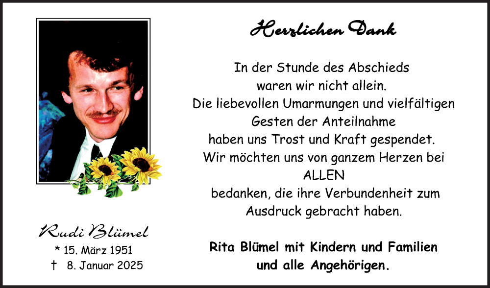  Traueranzeige für Rudi Blümel vom 08.02.2025 aus Fränkische Nachrichten