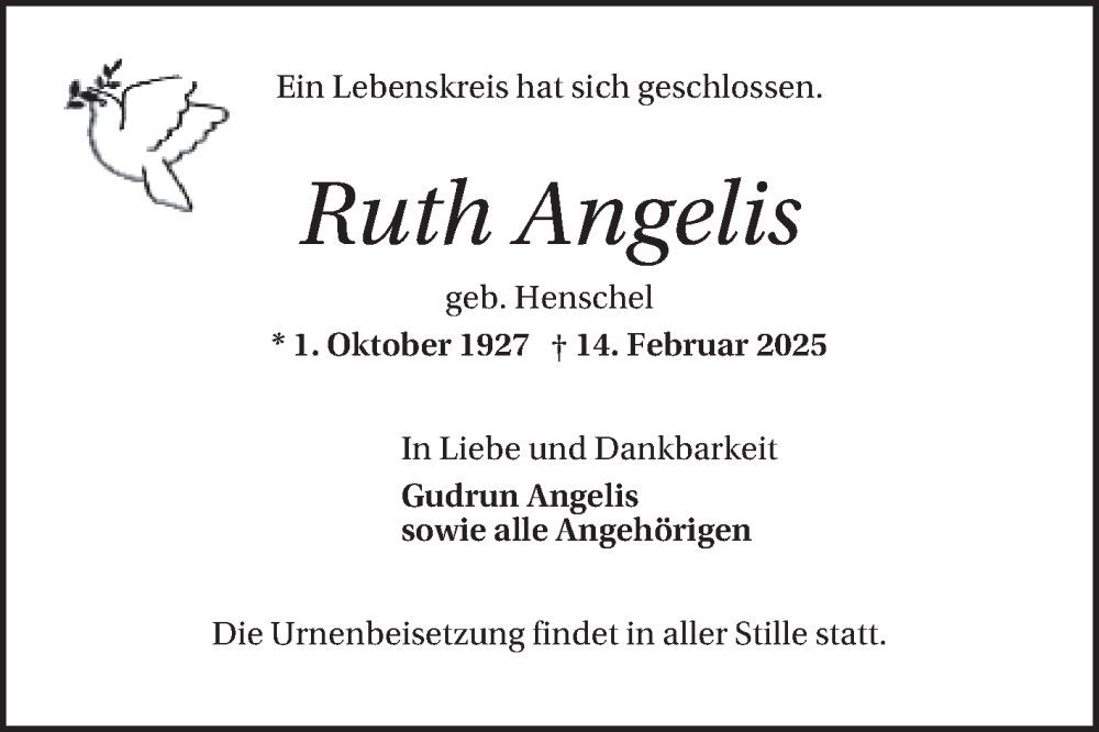  Traueranzeige für Ruth Angelis vom 22.02.2025 aus Mannheimer Morgen