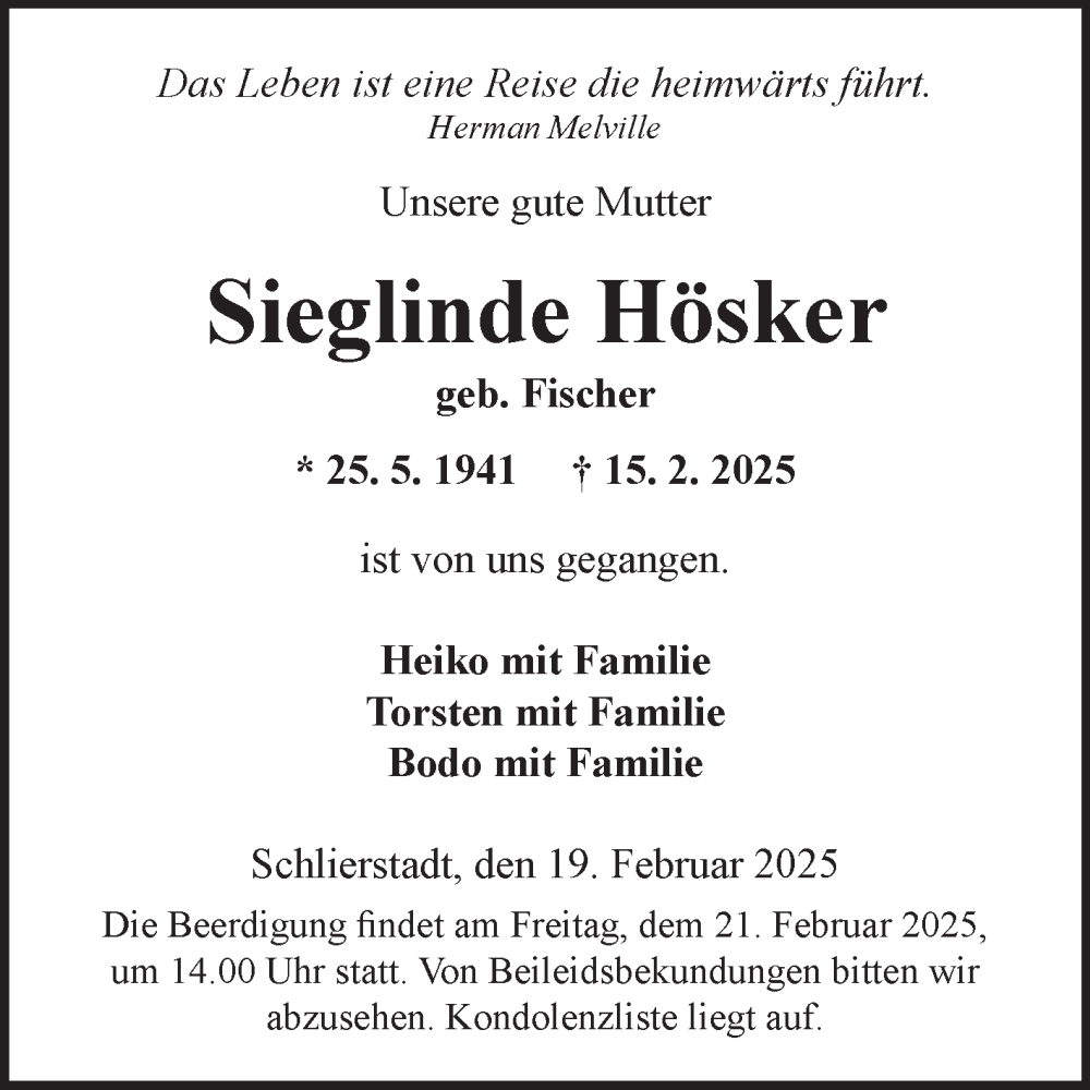  Traueranzeige für Sieglinde Hösker vom 19.02.2025 aus Fränkische Nachrichten