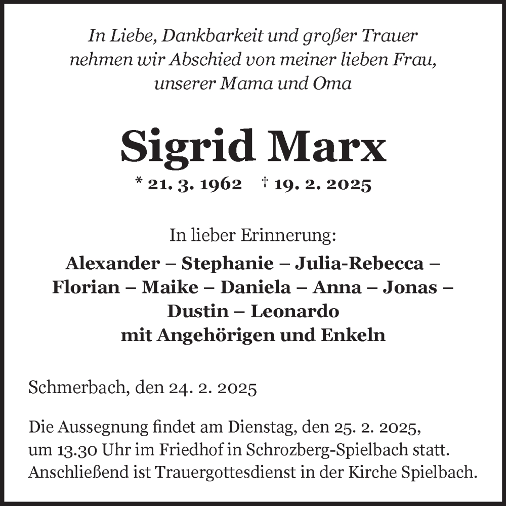  Traueranzeige für Sigrid Marx vom 24.02.2025 aus Fränkische Nachrichten