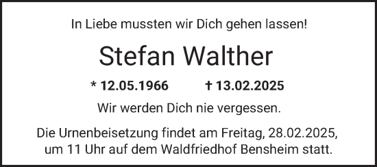 Traueranzeige von Stefan Walther von Bergsträßer Anzeiger