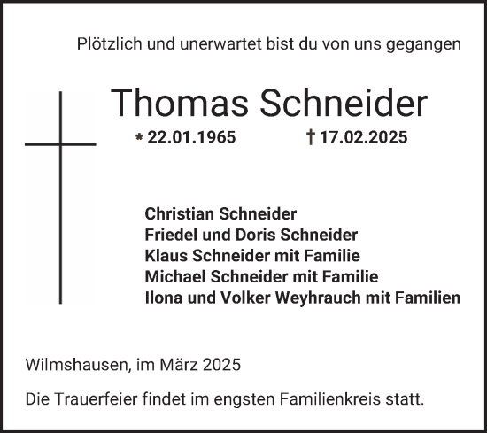 Traueranzeige von Thomas Schneider von Bergsträßer Anzeiger